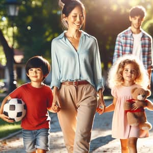 Loving Family Walk: Mom, 9-year-old Son & 2-year-old Daughter