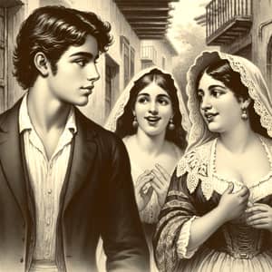 19th Century Scenic Image: Young Man with Girlfriend and Mother