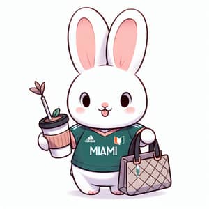 Cute Cartoon Rabbit in Miami Jersey with Mate Tea Cup and Designer Handbag