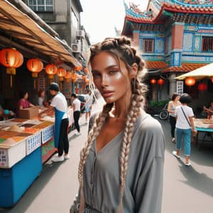 Taiwan Street Scene: Woman with Braids & Light Brown Skin