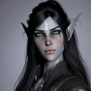 Dark Elf with Long Black Hair, Green Eyes, Grey Skin