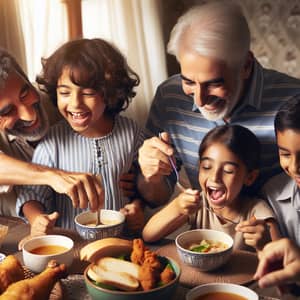 Diverse Family Meal: Hispanic Patriarch Serving Soup to South Asian Wife