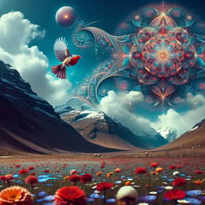 Metallic Flowers in Mountain Landscape with Red Robin and Sacred Geometry