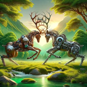 Realistic Semi-Mechanical Deer Battle in Natural Landscape