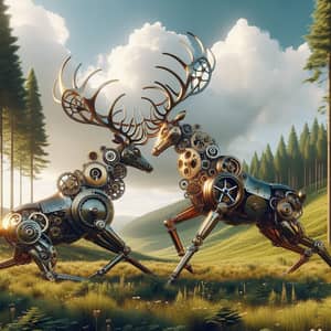 Mechanical Deer Antler Clash in Serene Landscape