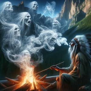 Native American Shaman Observing Campfire | Ethereal Spirits & Mountains