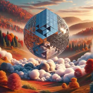 Levitating Metal Geometric Object Reflecting Fall Landscape