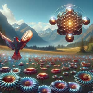 Metallic Flowers in Mountain Landscape | Red Robin & Sacred Geometry