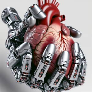 Detailed Mechanical Hand Holding Realistic Human Heart