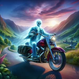 Ethereal Spirit Riding Maroon Harley Davidson On Mountain Road