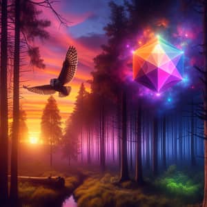 Serene Forest with Owl at Sunset | Colorful Geometric Object