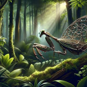 Realistic Praying Mantis on Metallic Geometric Object in Forest