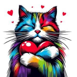 Vibrant Pop Art Style Cat Hugging Red Heart Illustration