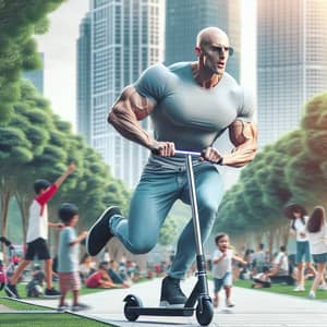 Muscular Figure Riding Scooter in City Park | Outdoor Fun