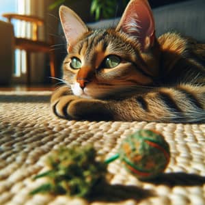 Cozy Cat Lounging in Sunny Environment | Tabby with Green Eyes