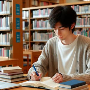 Japanese Literature Student Studying in Library