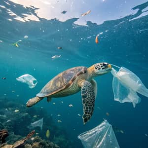 Turtle Swimming Amidst Ocean Trash