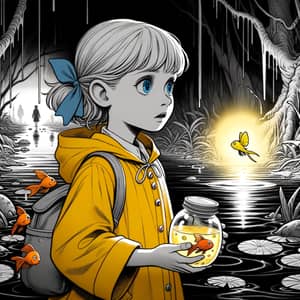 11-Year-Old Girl in Monochrome Swamp with Fish Jar and Yellow Light