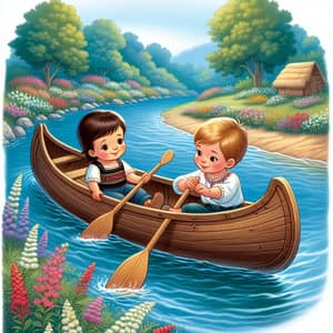 Hispanic Boy Teaching Caucasian Toddler to Paddle in Rustic Canoe