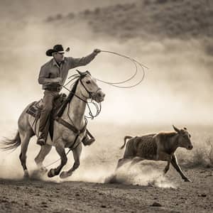 Cowboy Roping a Calf at Full Speed