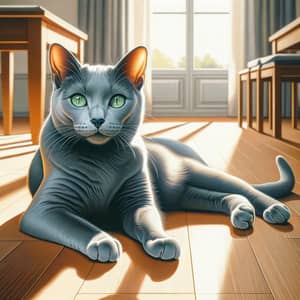 Relaxing Russian Blue Cat in Sunlit Room