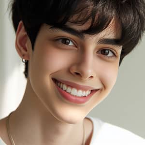 Close-Up Portrait of Person with Short Black Hair and Brown Eyes