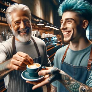 Smiling Barista Serving Espresso to Customer in Cozy Evening Cafe