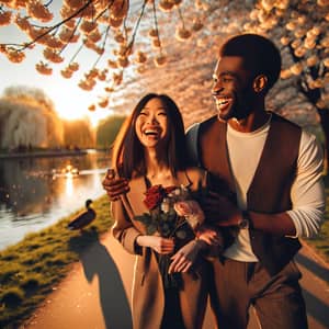 Romantic Couple Stroll in Cherry Blossom Park at Sunset