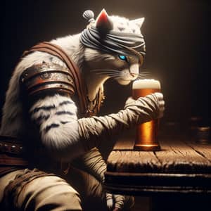 Fierce Feline Warrior Enjoying Frothy Beer in Dimly Lit Tavern