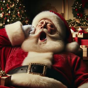 Tired Santa Claus in Festive Room | Gifts & Christmas Tree