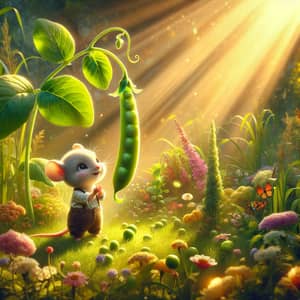 Cute Mouse Kid in a Sunlit Garden with Giant Pea Plant