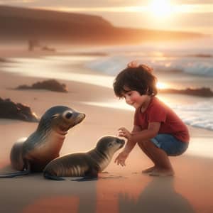 Boy Interacting with Seals at Sunset Beach