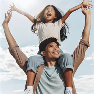 Ecstatic Hispanic Girl on Asian Man Shoulders | Bright Sky Scene