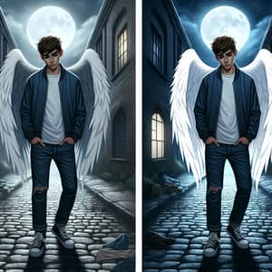 Hispanic Teenager with Angel Wings in Night Setting