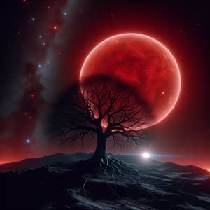 Tree in Outer Space with Red Dwarf Star Background