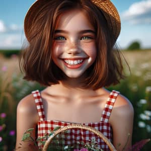 Innocent Joy: Young Girl in Red Sundress with Flowers