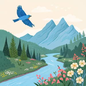 Blue Bird Flying Over Mountain Landscape