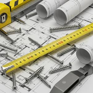 Stylized Home Blueprint with Construction Elements