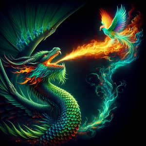 Majestic Green Dragon with Fiery Phoenix