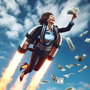 Caucasian CEO Soaring with Jetpack | Money Trail in Sky