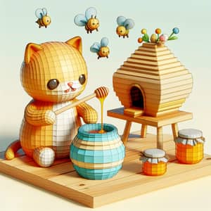 3D Cat Enjoying Honey by Beehive