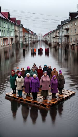 Elderly Women on a Raft During City Flooding