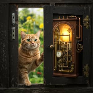 Adventure Awaits: Cat Discovers Steampunk Portal