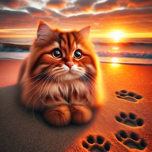 Charming Ginger Cat Watching Sunset on Sandy Beach