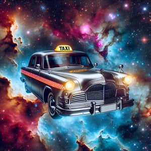 Cosmic Taxi: A Silver Red Car Soaring in Space