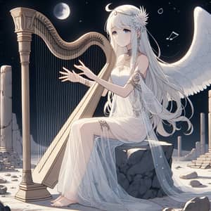 Anime Style White-Haired Harp Player in Serene Moonlit Scene