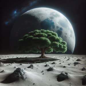 Earth-like Tree on Moon: Contrast of Green Leaves in Grey Landscape