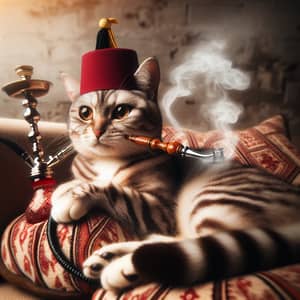 Stylish Domestic Cat with Fez Smoking Hookah