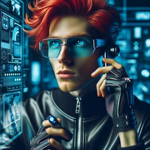 Futuristic Technological Enthusiast with Striking Red Hair