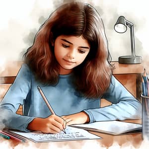 Hispanic Girl Doing Schoolwork at Desk - Watercolor Painting Style